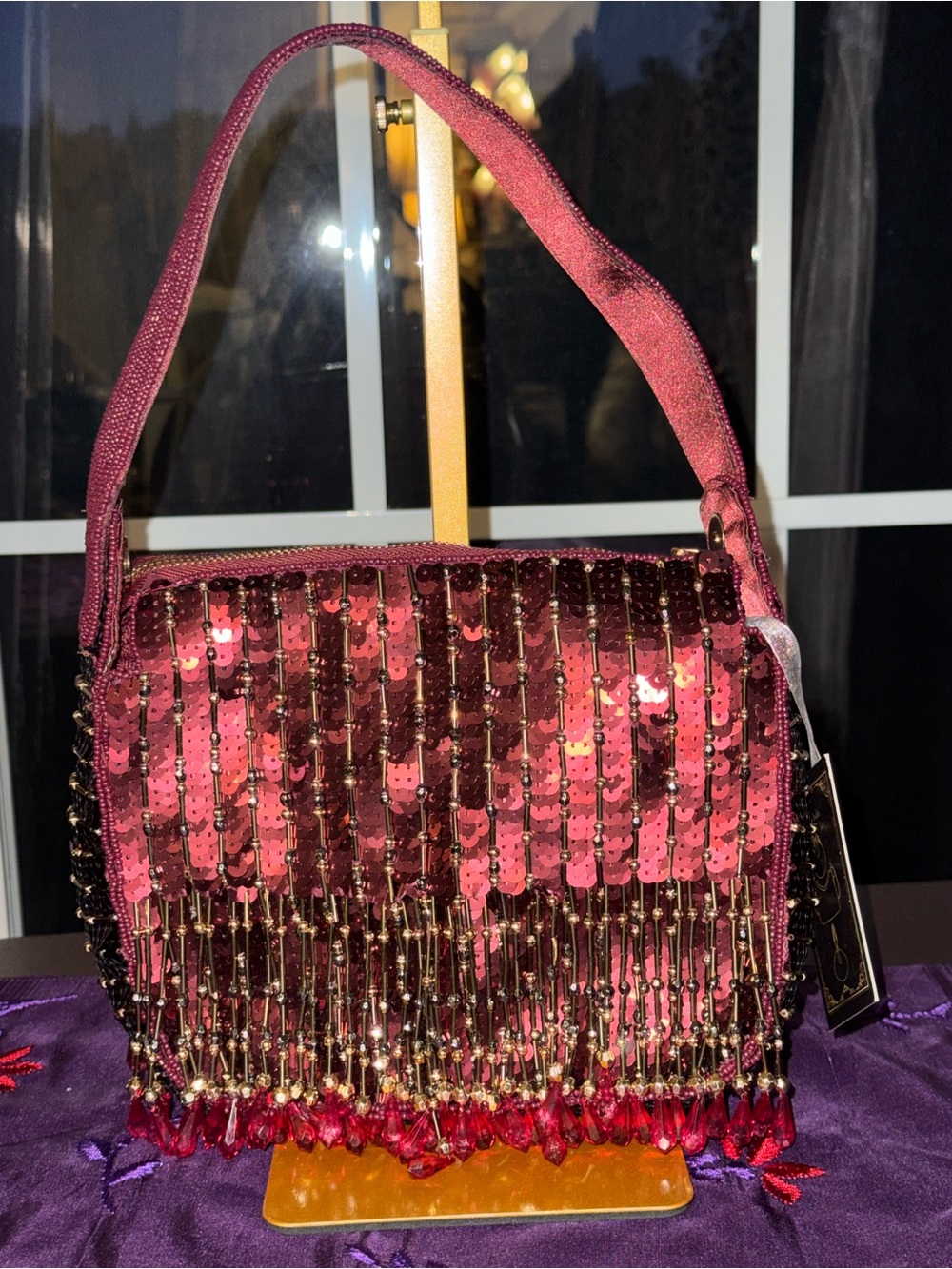 NWT From India To You Burgundy Sequin Beaded Fringe Bag